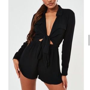 black tie front long sleeve playsuit